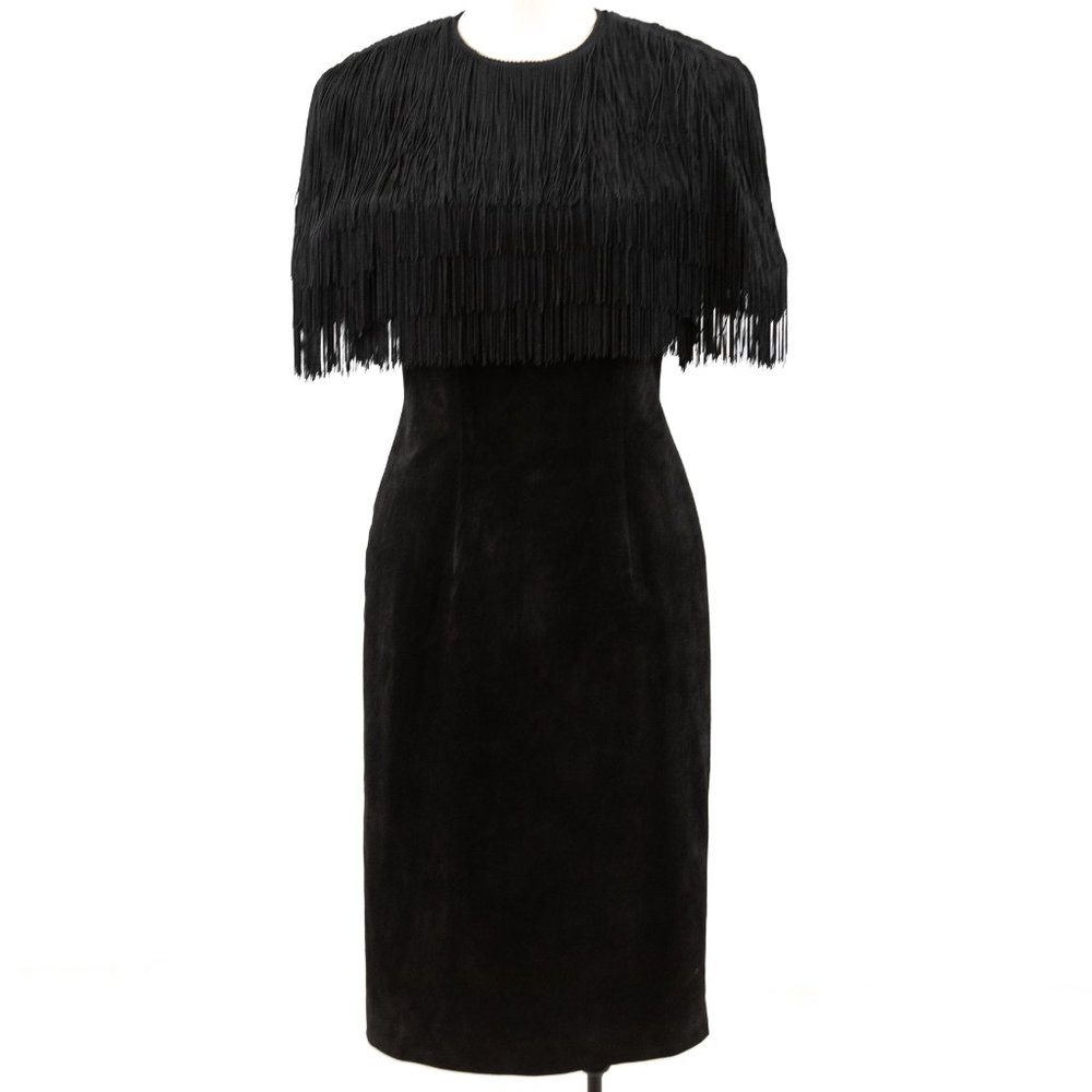 Vintage S/M Fringe Suede Leather Midi Dress Black - Picture 5 of 12
